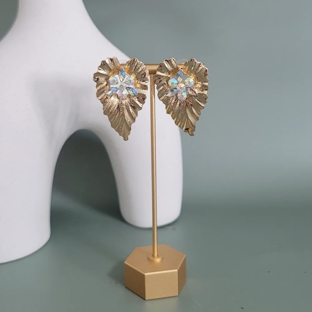 Stainless steel gold tone leaf crystal earrings